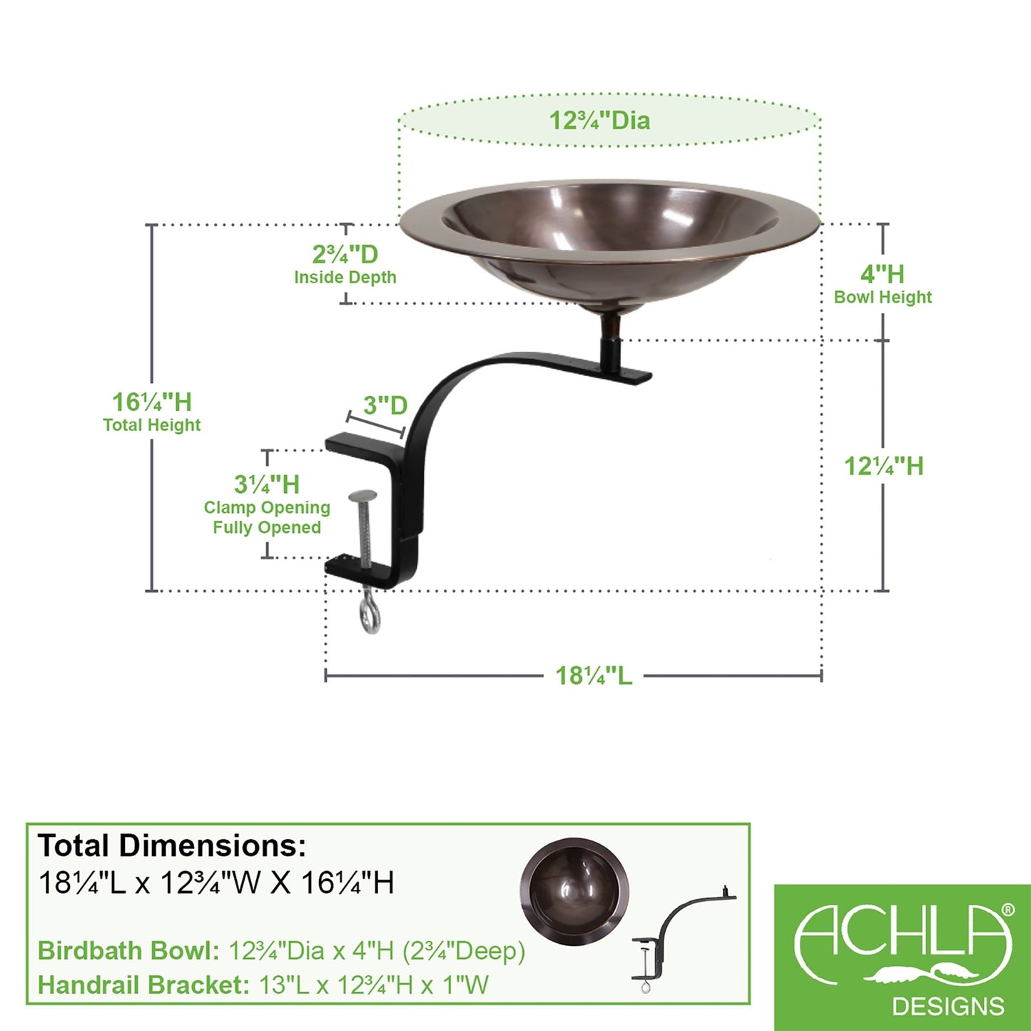 ACHLA Classic II Birdbath with Rail Mount Bracket | Antique Copper Brass Bowl and Black Wrought Iron Bracket | Deck & Balcony Bird | Model BB-05-RM