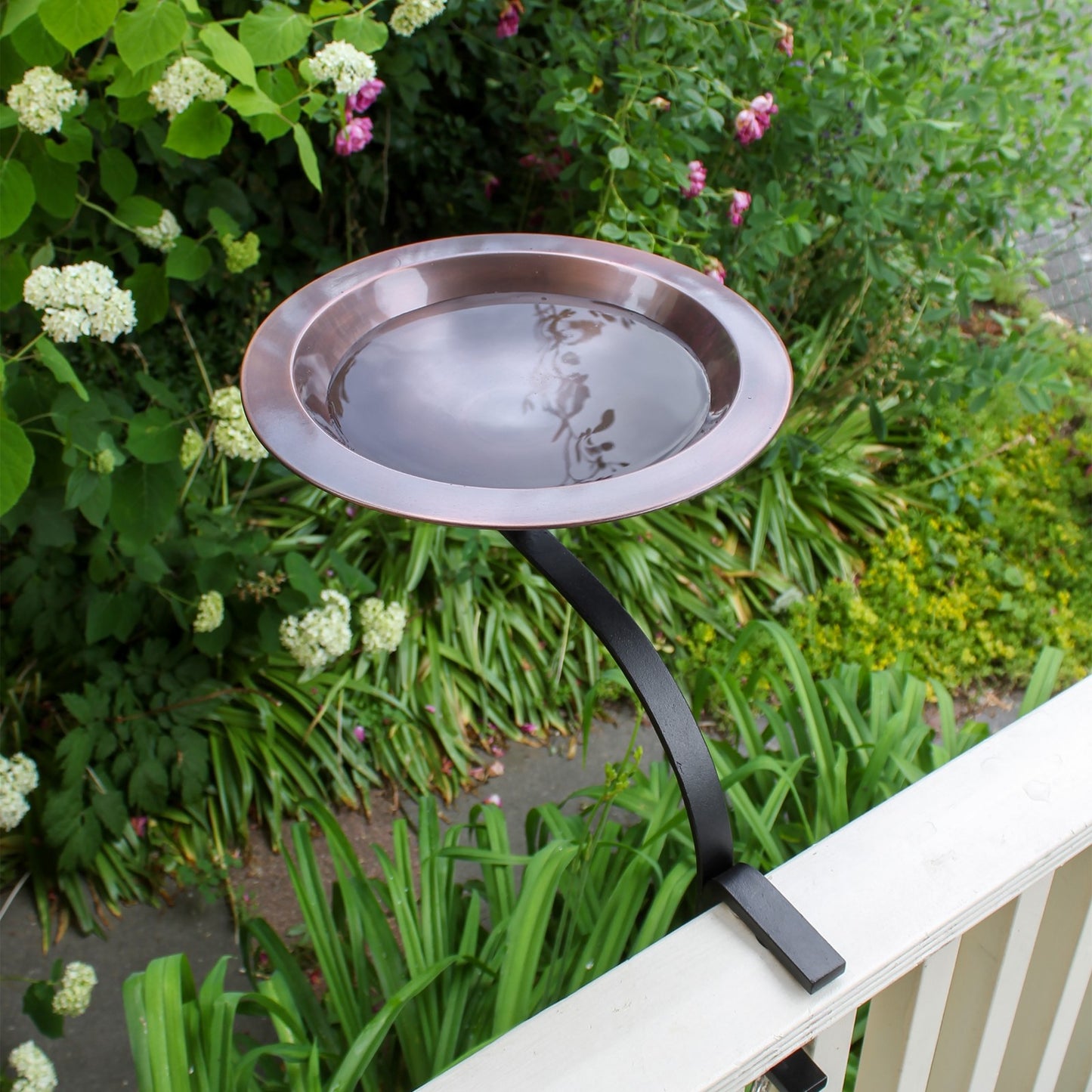 ACHLA Classic II Birdbath with Rail Mount Bracket | Antique Copper Brass Bowl and Black Wrought Iron Bracket | Deck & Balcony Bird | Model BB-05-RM