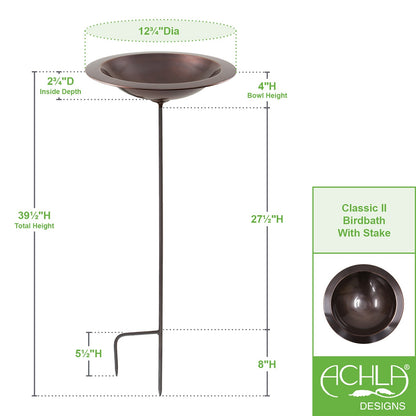 ACHLA Classic II Birdbath with Stand | Copper Antique Finish | Garden & Patio Accent | 12.75 x 12.75 x 3 in | Model BB-05-S