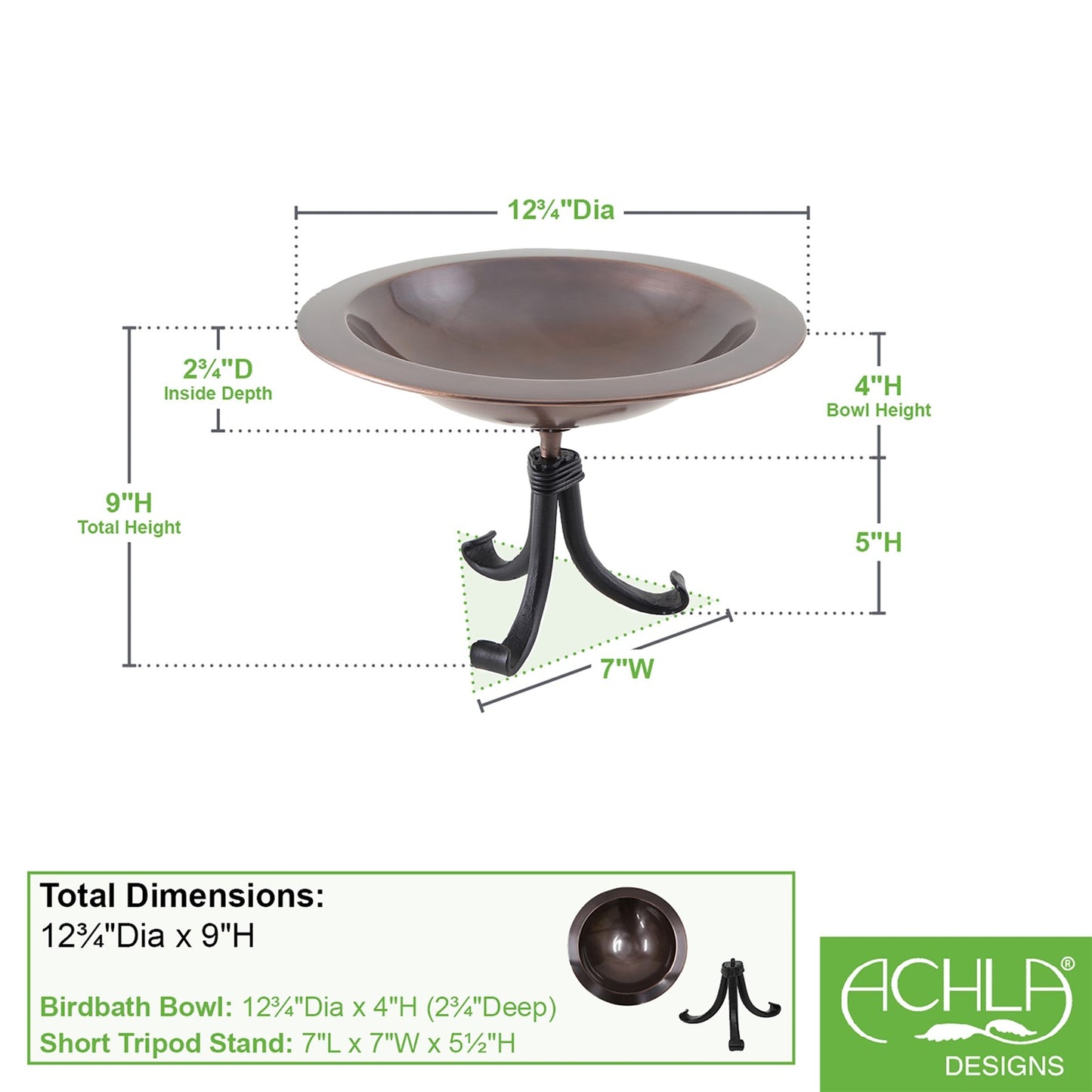 ACHLA Classic II Birdbath with Tripod Stand | Antique Copper Brass Bowl and Black Wrought Iron Base | Garden & Patio Bird Bath | Model BB-05-TR