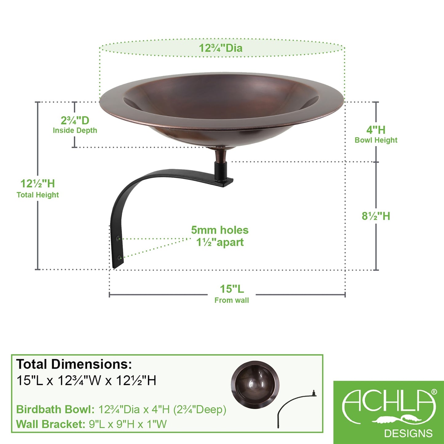 ACHLA Classic II Birdbath with Wall Mount Bracket | Antique Copper Brass and Black Wrought Iron | Patio & Garden Bird Bath | Model BB-05-WM