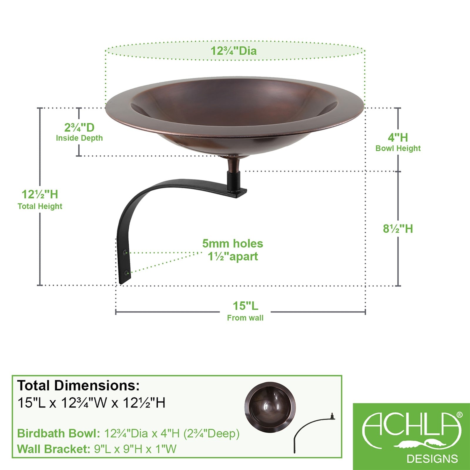 ACHLA Classic II Birdbath with Wall Mount Bracket | Antique Copper Brass and Black Wrought Iron | Patio & Garden Bird Bath | Model BB-05-WM
