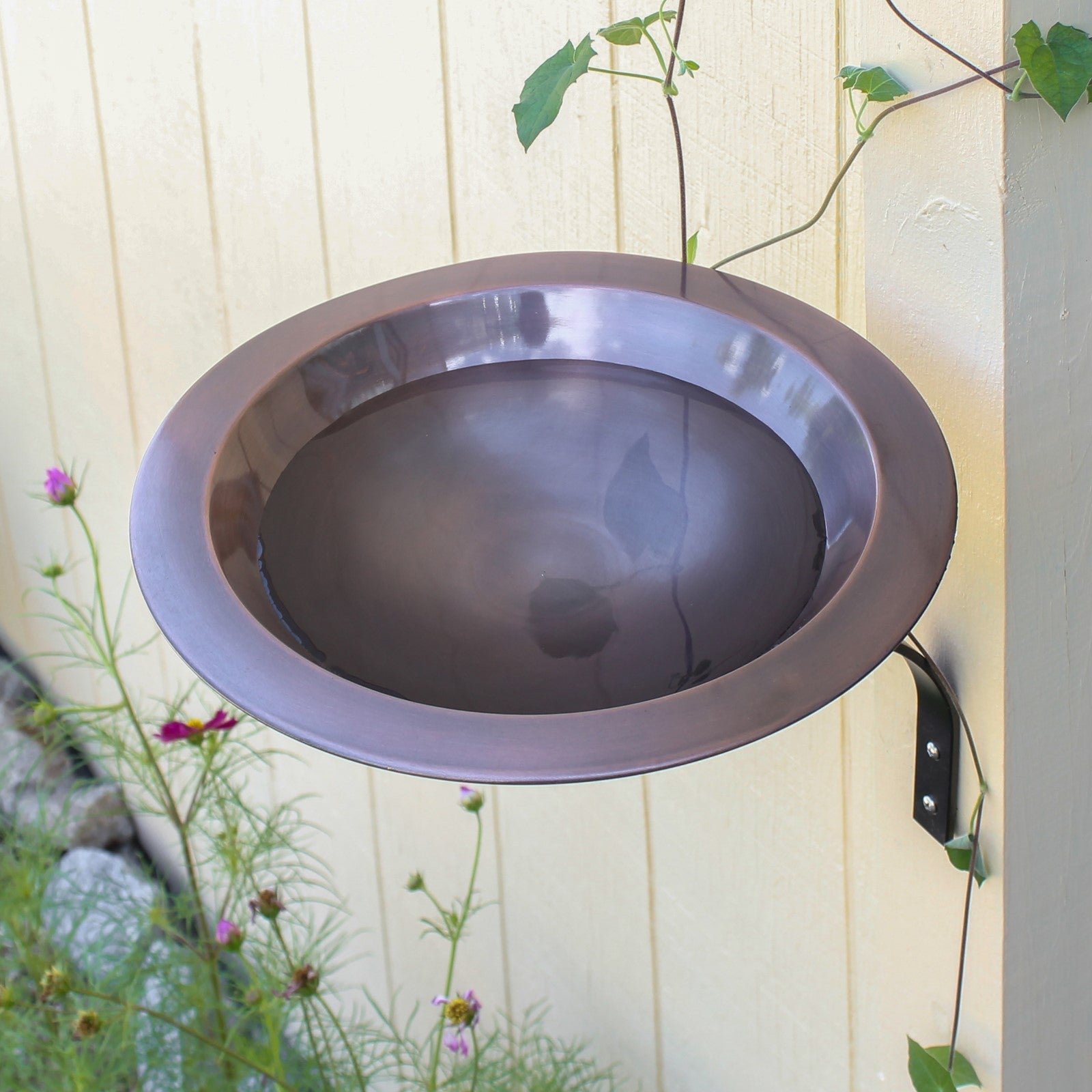 ACHLA Classic II Birdbath with Wall Mount Bracket | Antique Copper Brass and Black Wrought Iron | Patio & Garden Bird Bath | Model BB-05-WM