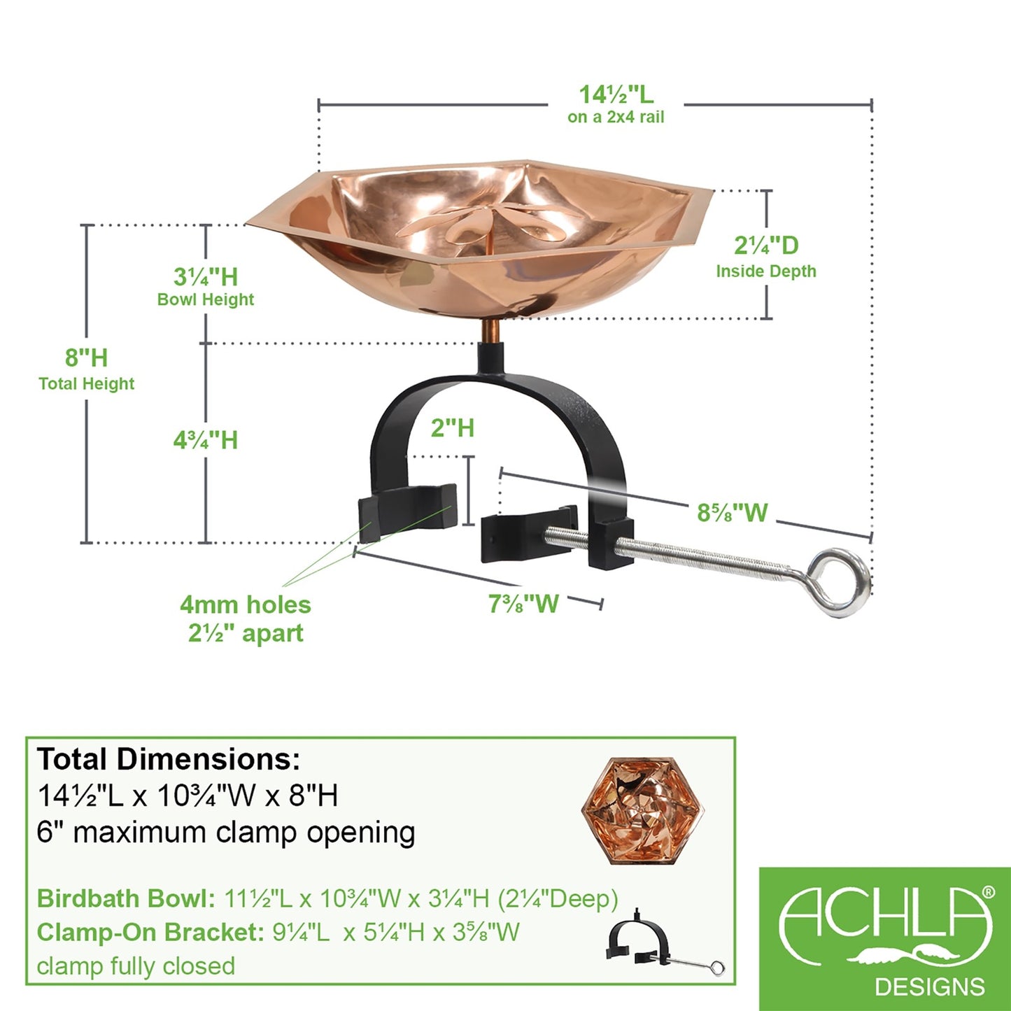 ACHLA Bee Fountain & Birdbath Over Rail Bracket | Copper Plated Stainless Steel and Black Wrought Iron | Deck, Balcony & Porch | Model BB-07-OR2