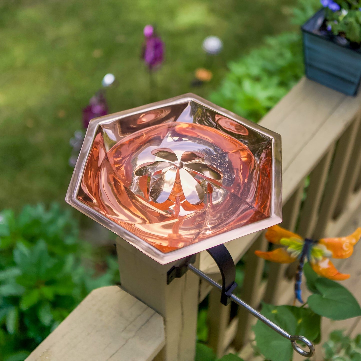 ACHLA Bee Fountain & Birdbath Over Rail Bracket | Copper Plated Stainless Steel and Black Wrought Iron | Deck, Balcony & Porch | Model BB-07-OR2