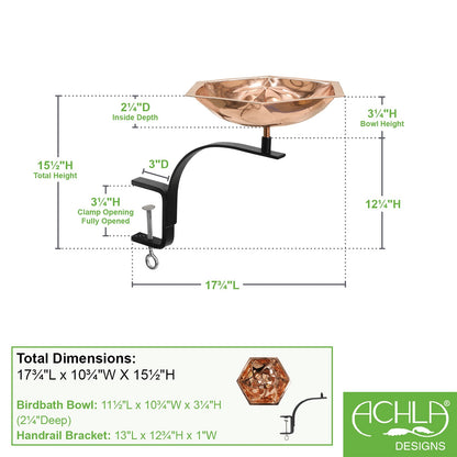 ACHLA Bee Fountain & Birdbath with Rail Mount Bracket | Copper Plated Stainless Steel and Black Wrought Iron | Deck, Balcony & Patio | Model BB-07-RM