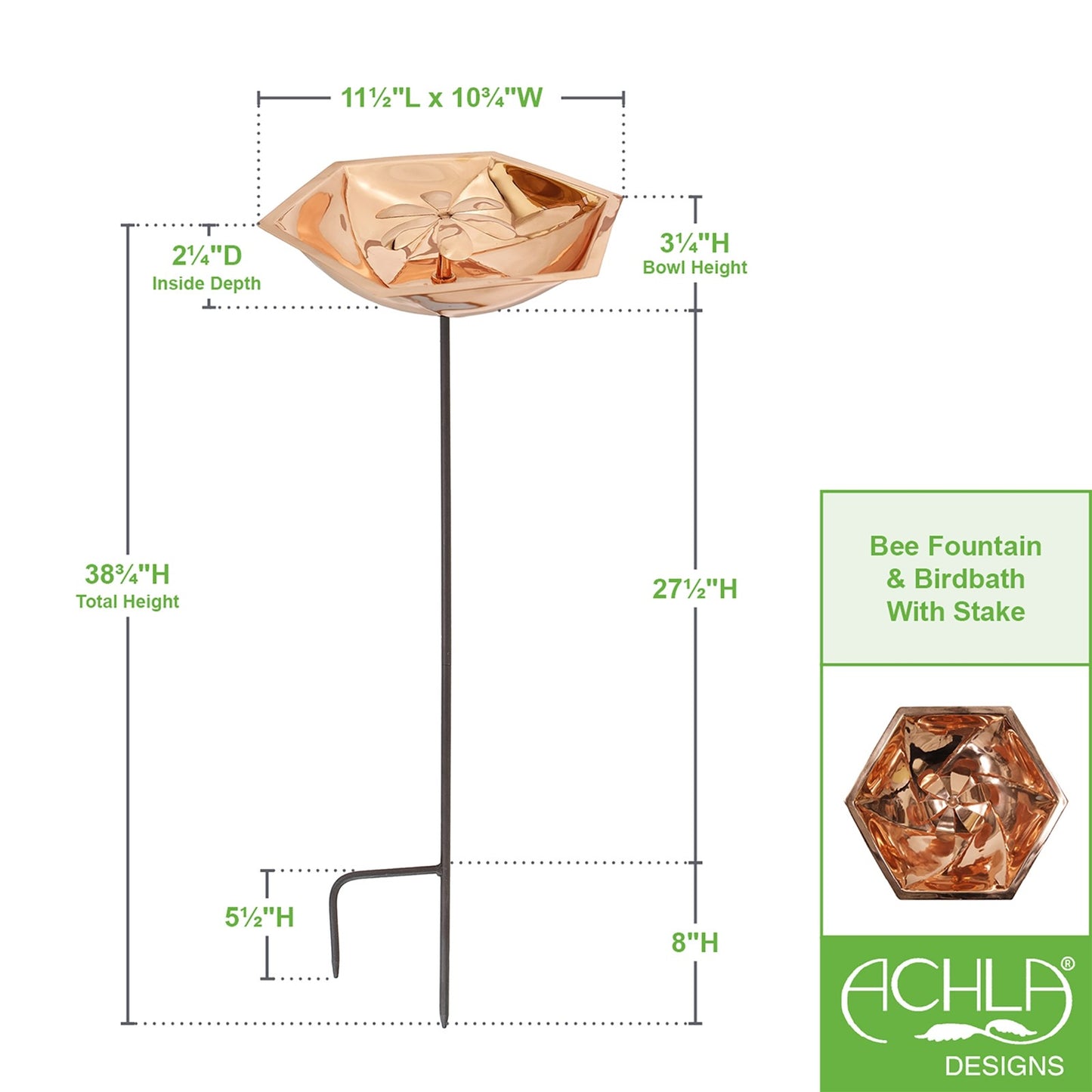 ACHLA Bee Fountain & Birdbath with Stake | Copper Plated Stainless Steel and Wrought Iron | Garden & Pollinator Water Feature | Model BB-07-S