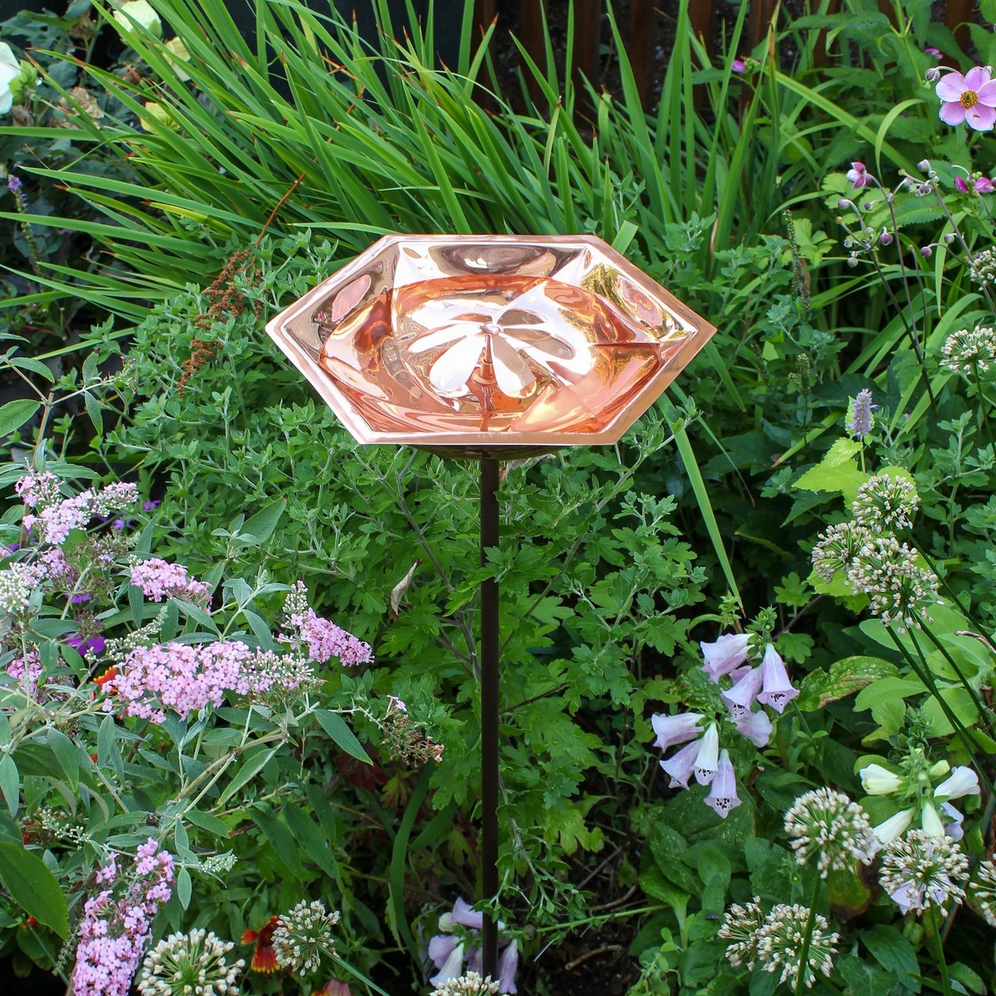 ACHLA Bee Fountain & Birdbath with Stake | Copper Plated Stainless Steel and Wrought Iron | Garden & Pollinator Water Feature | Model BB-07-S