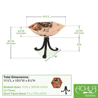ACHLA Bee Fountain & Birdbath with Tripod Stand | Copper Plated Stainless Steel & Black Wrought Iron | Pollinator Garden & Patio | Model BB-07-TR