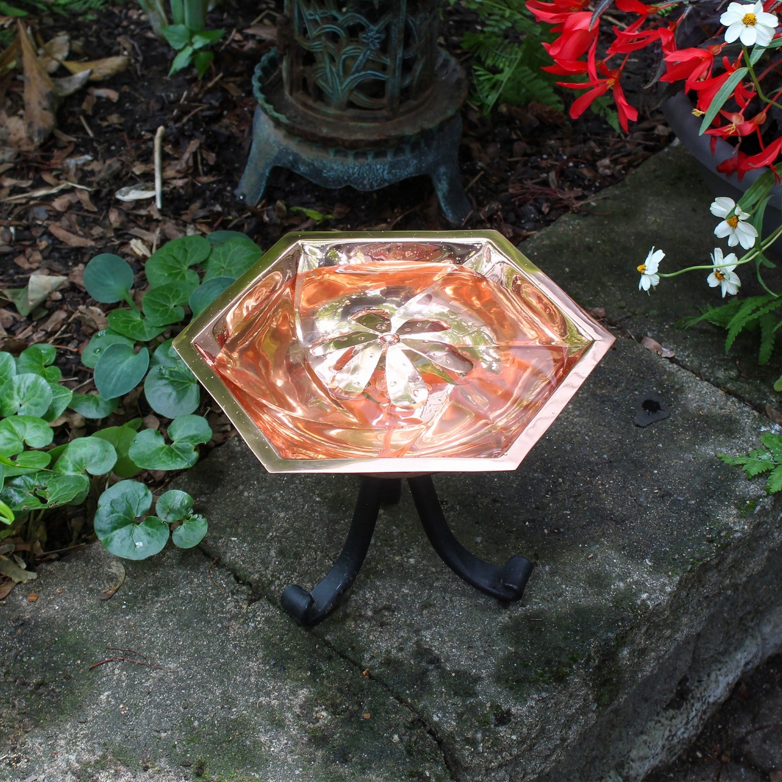 ACHLA Bee Fountain & Birdbath with Tripod Stand | Copper Plated Stainless Steel & Black Wrought Iron | Pollinator Garden & Patio | Model BB-07-TR