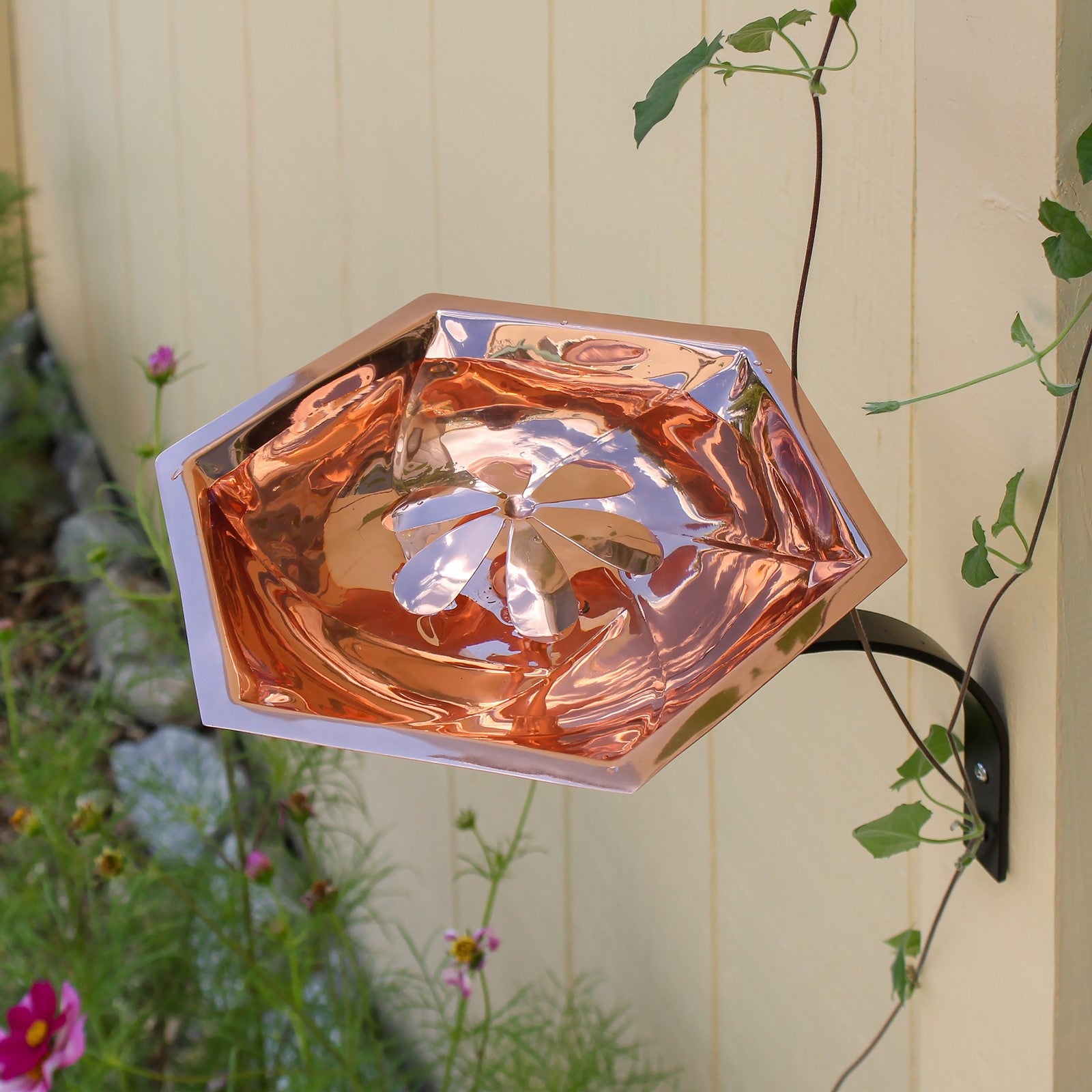 ACHLA Bee Fountain & Birdbath | Copper-Plated Stainless Steel and Wrought Iron | Pollinator Garden & Patio Water Feature | Model BB-07-WM