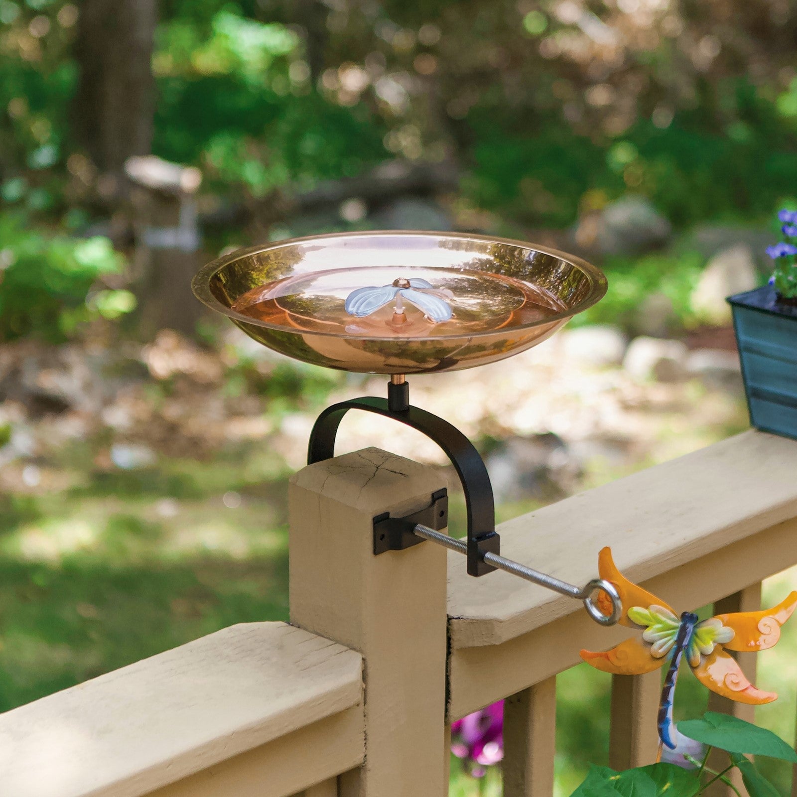 ACHLA Dogwood Birdbath Over Rail Bracket | Copper Plated Patina Stainless Steel and Wrought Iron | Deck & Balcony Pollinator Waterer | Model BB-08-OR2