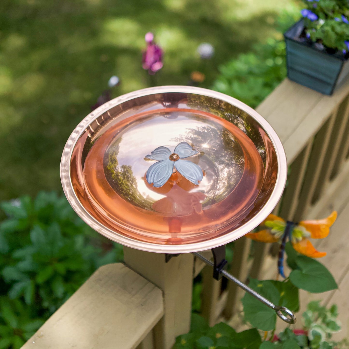 ACHLA Dogwood Birdbath Over Rail Bracket | Copper Plated Patina Stainless Steel and Wrought Iron | Deck & Balcony Pollinator Waterer | Model BB-08-OR2