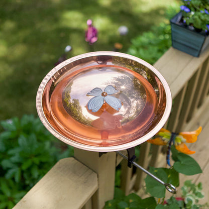 ACHLA Dogwood Birdbath Over Rail Bracket | Copper Plated Patina Stainless Steel and Wrought Iron | Deck & Balcony Pollinator Waterer | Model BB-08-OR2