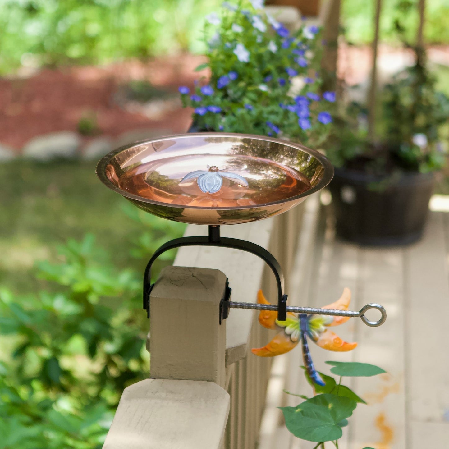ACHLA Dogwood Birdbath Over Rail Bracket | Copper Plated Patina Stainless Steel and Wrought Iron | Deck & Balcony Pollinator Waterer | Model BB-08-OR2