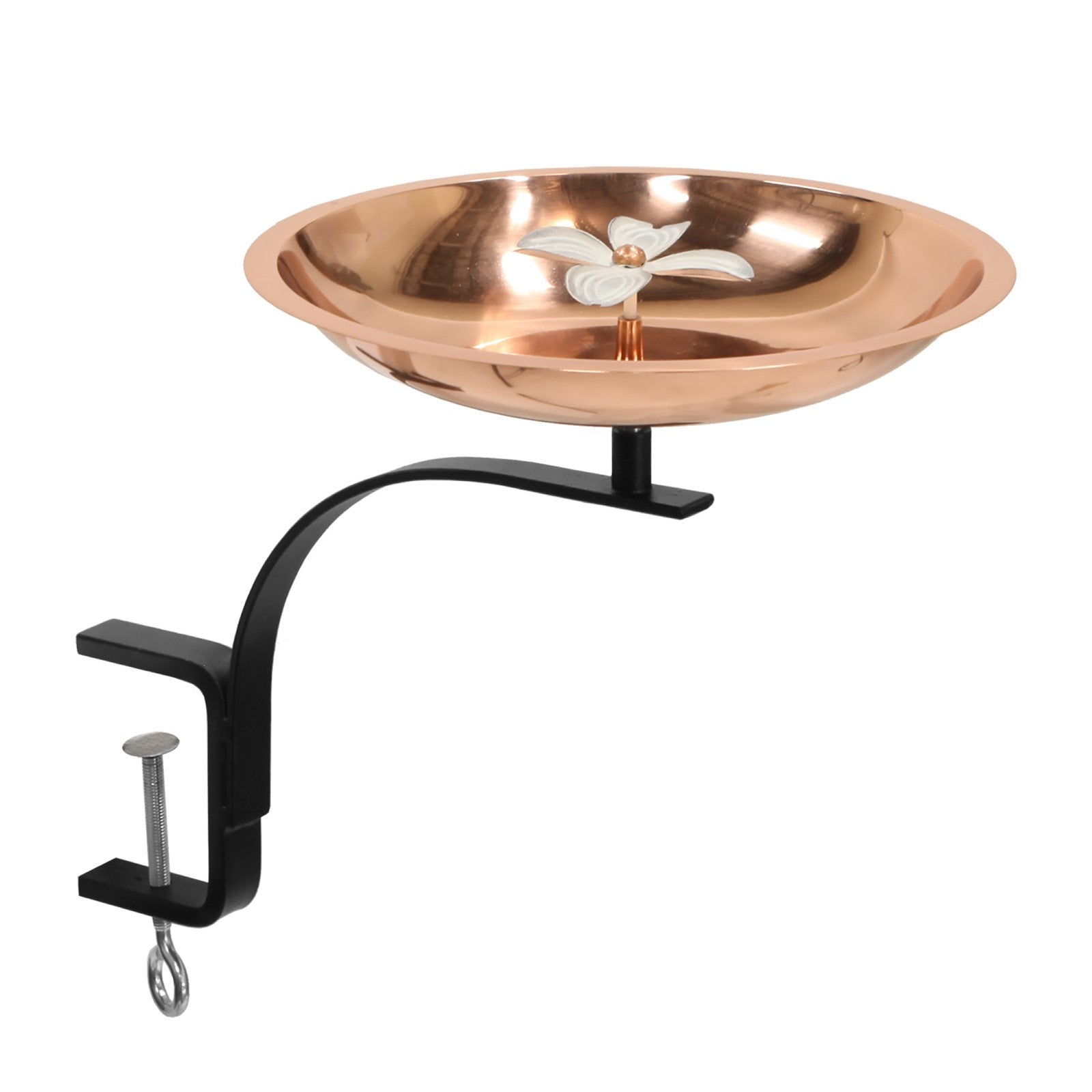 ACHLA Dogwood Birdbath with Rail Mount Bracket | Copper Plated Stainless Steel and Wrought Iron | Deck, Porch & Balcony Birdbath | Model BB-08-RM