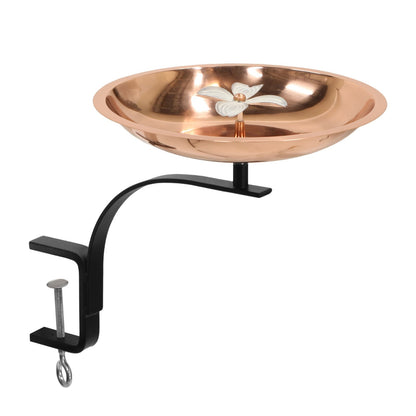 ACHLA Dogwood Birdbath with Rail Mount Bracket | Copper Plated Stainless Steel and Wrought Iron | Deck, Porch & Balcony Birdbath | Model BB-08-RM