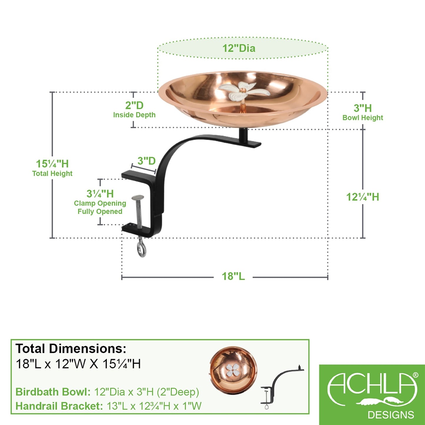 ACHLA Dogwood Birdbath with Rail Mount Bracket | Copper Plated Stainless Steel and Wrought Iron | Deck, Porch & Balcony Birdbath | Model BB-08-RM