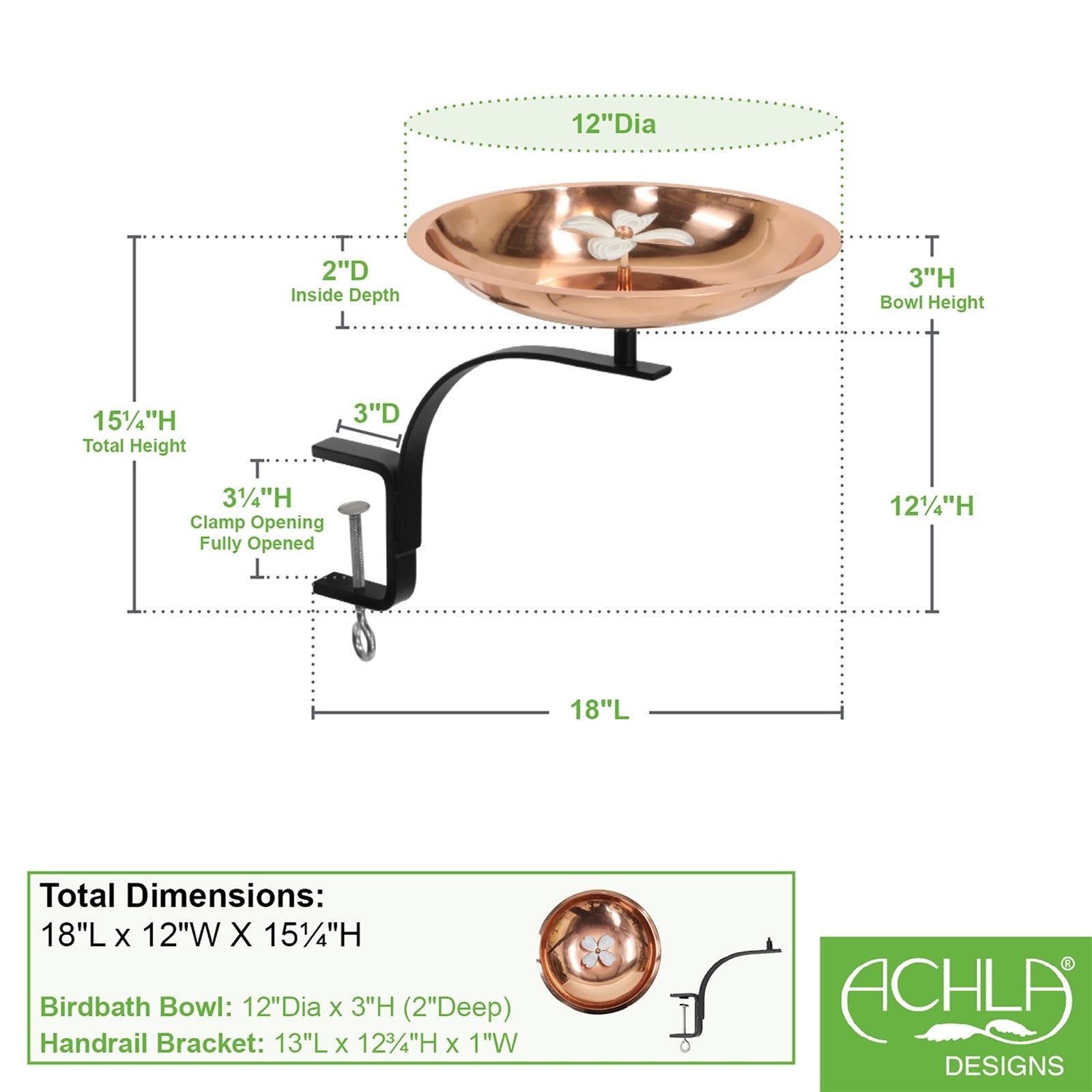 ACHLA Dogwood Birdbath with Rail Mount Bracket | Copper Plated Stainless Steel and Wrought Iron | Deck, Porch & Balcony Birdbath | Model BB-08-RM