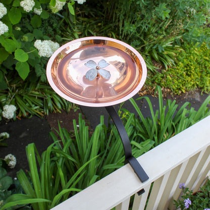 ACHLA Dogwood Birdbath with Rail Mount Bracket | Copper Plated Stainless Steel and Wrought Iron | Deck, Porch & Balcony Birdbath | Model BB-08-RM