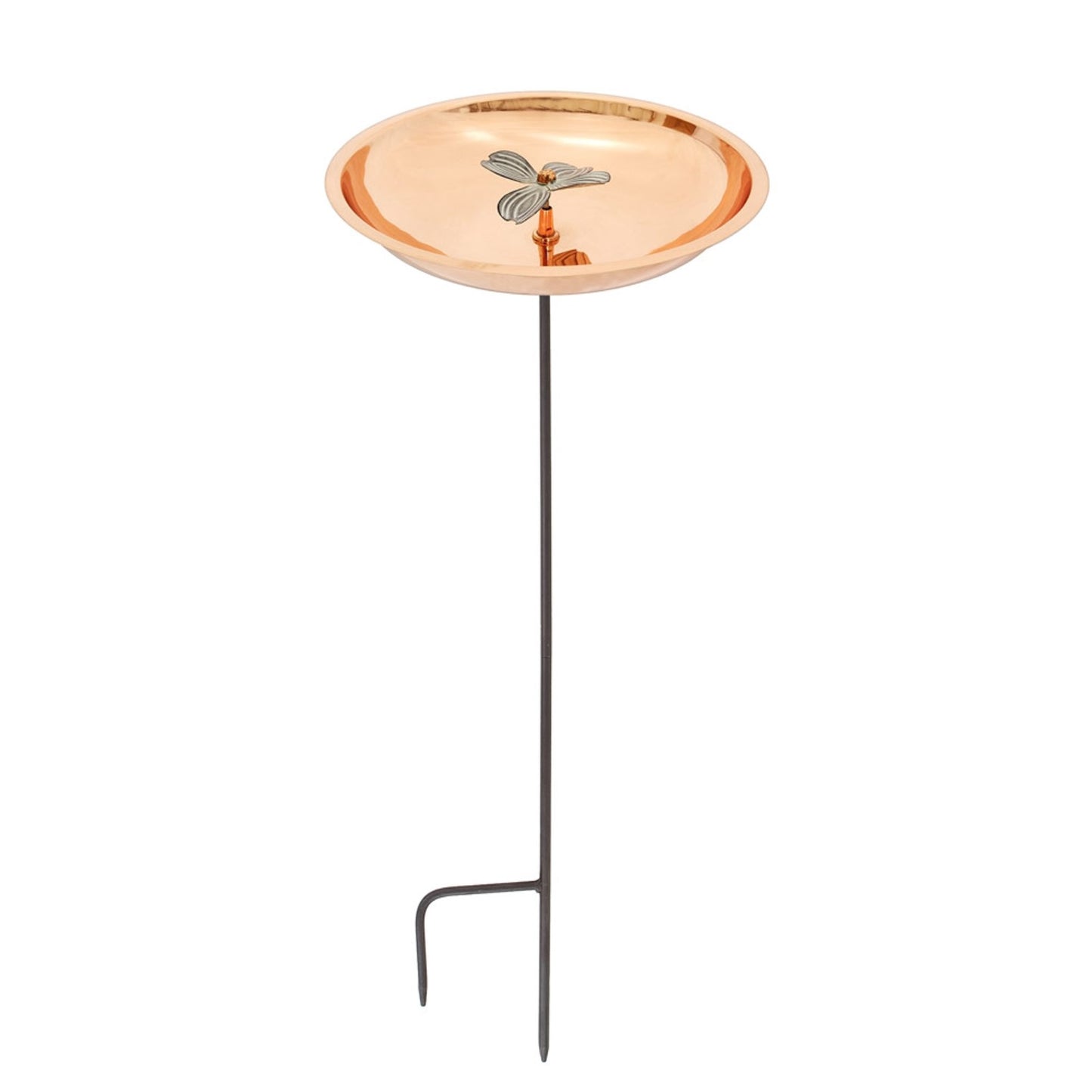 ACHLA Dogwood Birdbath with Stake | Copper Plated Stainless Steel and Wrought Iron | Garden & Patio Water Feature | 12 x 12 x 40 in | Model BB-08-S