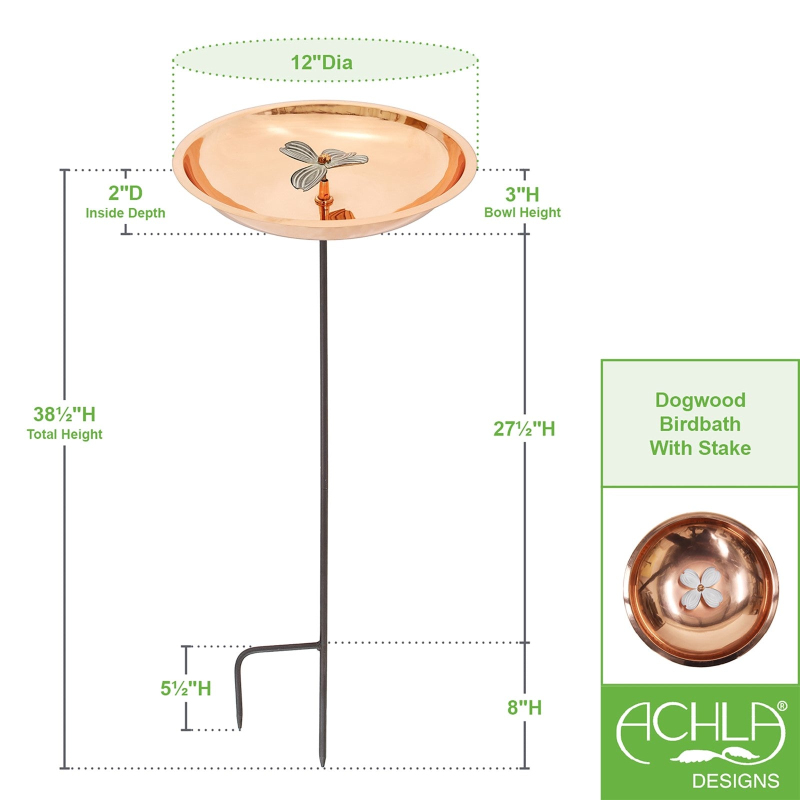 ACHLA Dogwood Birdbath with Stake | Copper Plated Stainless Steel and Wrought Iron | Garden & Patio Water Feature | 12 x 12 x 40 in | Model BB-08-S