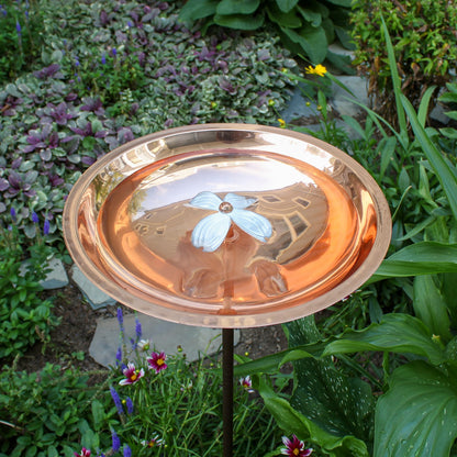 ACHLA Dogwood Birdbath with Stake | Copper Plated Stainless Steel and Wrought Iron | Garden & Patio Water Feature | 12 x 12 x 40 in | Model BB-08-S