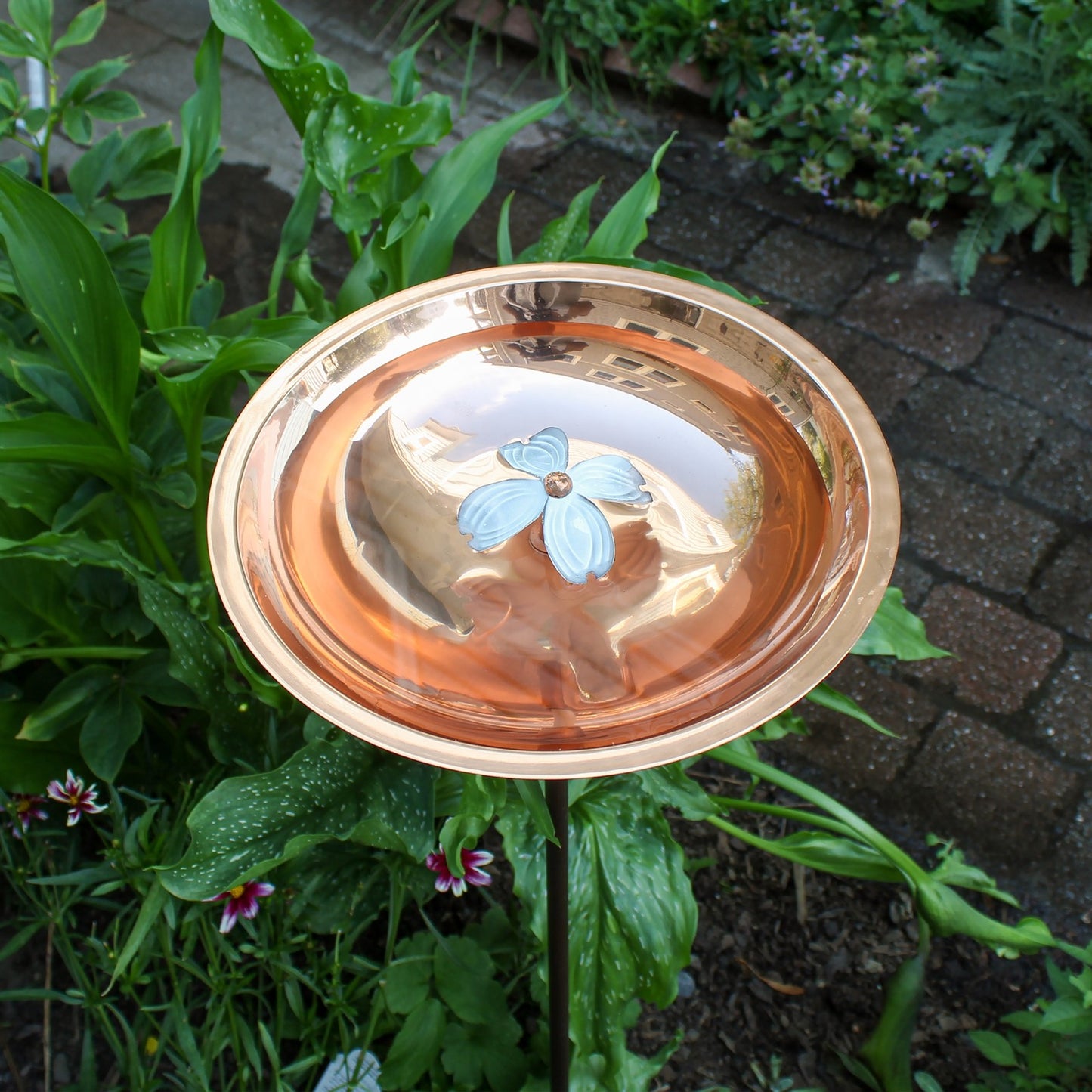 ACHLA Dogwood Birdbath with Stake | Copper Plated Stainless Steel and Wrought Iron | Garden & Patio Water Feature | 12 x 12 x 40 in | Model BB-08-S
