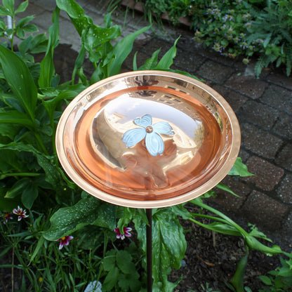 ACHLA Dogwood Birdbath with Stake | Copper Plated Stainless Steel and Wrought Iron | Garden & Patio Water Feature | 12 x 12 x 40 in | Model BB-08-S
