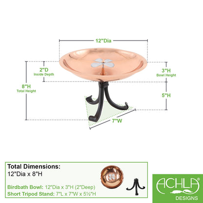 ACHLA Dogwood Birdbath with Tripod Stand | Copper Plated Stainless Steel and Wrought Iron | Garden & Patio Pollinator Watering | Model BB-08-TR