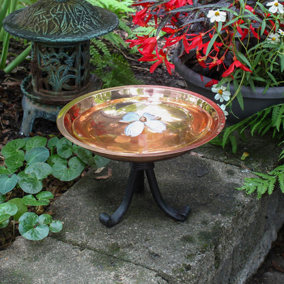 ACHLA Dogwood Birdbath with Tripod Stand | Copper Plated Stainless Steel and Wrought Iron | Garden & Patio Pollinator Watering | Model BB-08-TR