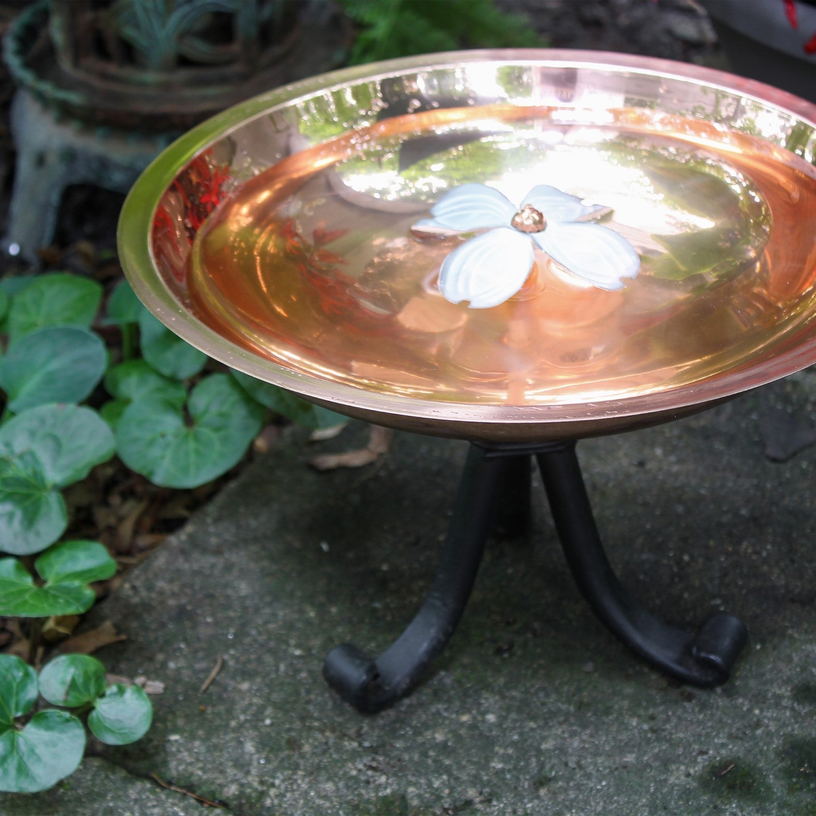 ACHLA Dogwood Birdbath with Tripod Stand | Copper Plated Stainless Steel and Wrought Iron | Garden & Patio Pollinator Watering | Model BB-08-TR