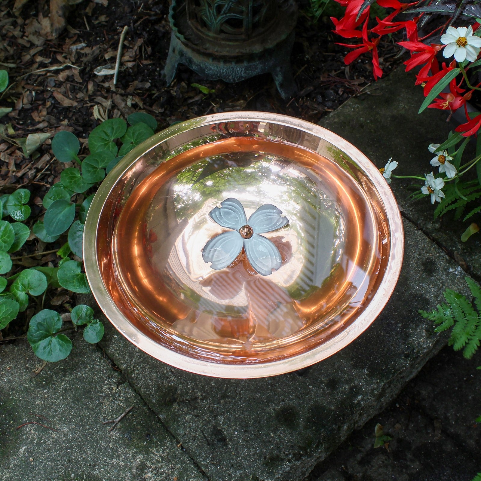 ACHLA Dogwood Birdbath with Tripod Stand | Copper Plated Stainless Steel and Wrought Iron | Garden & Patio Pollinator Watering | Model BB-08-TR