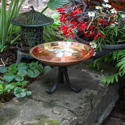 ACHLA Dogwood Birdbath with Tripod Stand | Copper Plated Stainless Steel and Wrought Iron | Garden & Patio Pollinator Watering | Model BB-08-TR