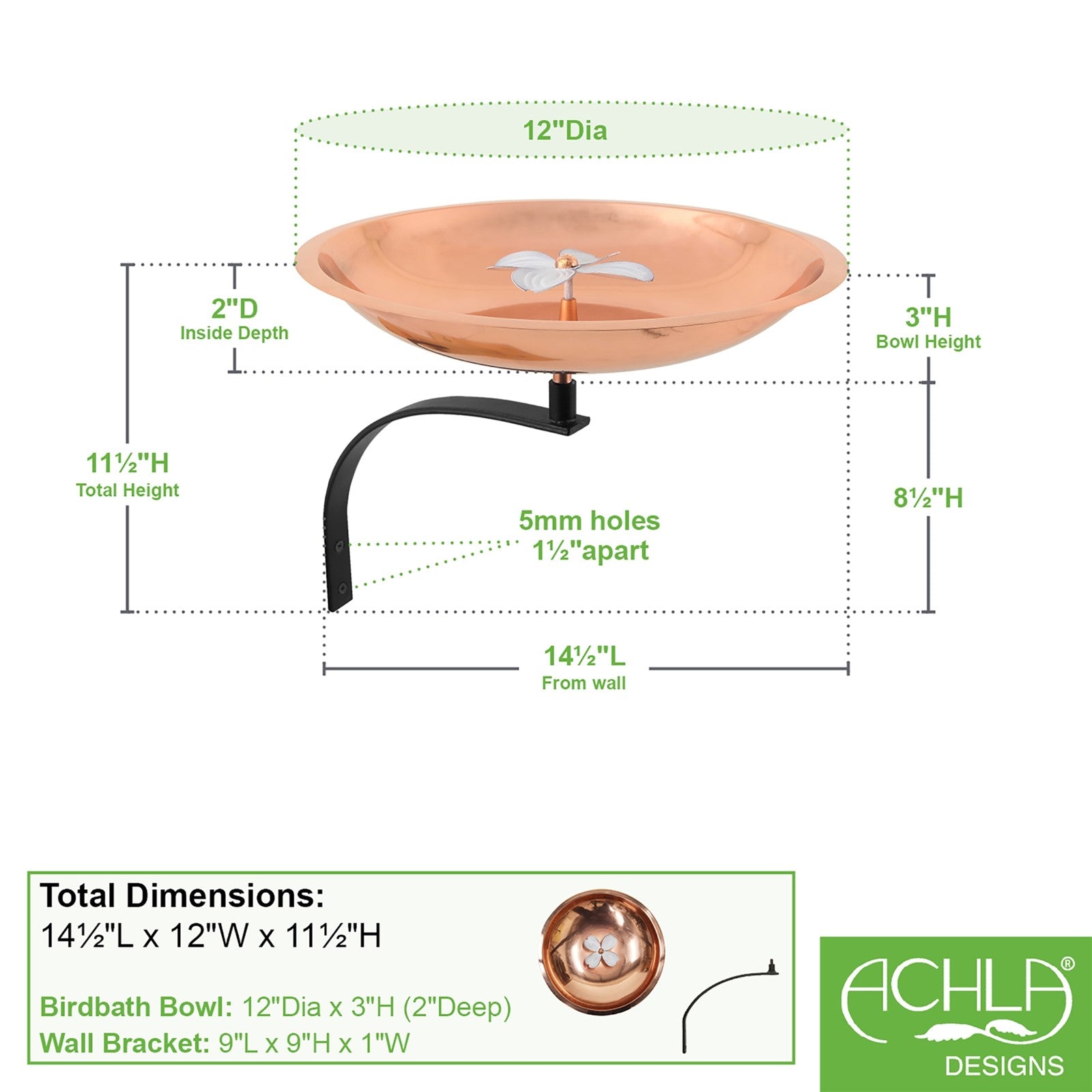 ACHLA Dogwood Birdbath with Wall Mount Bracket | Copper Plated Stainless Steel and Wrought Iron | Patio & Garden Pollinator Water | Model BB-08-WM