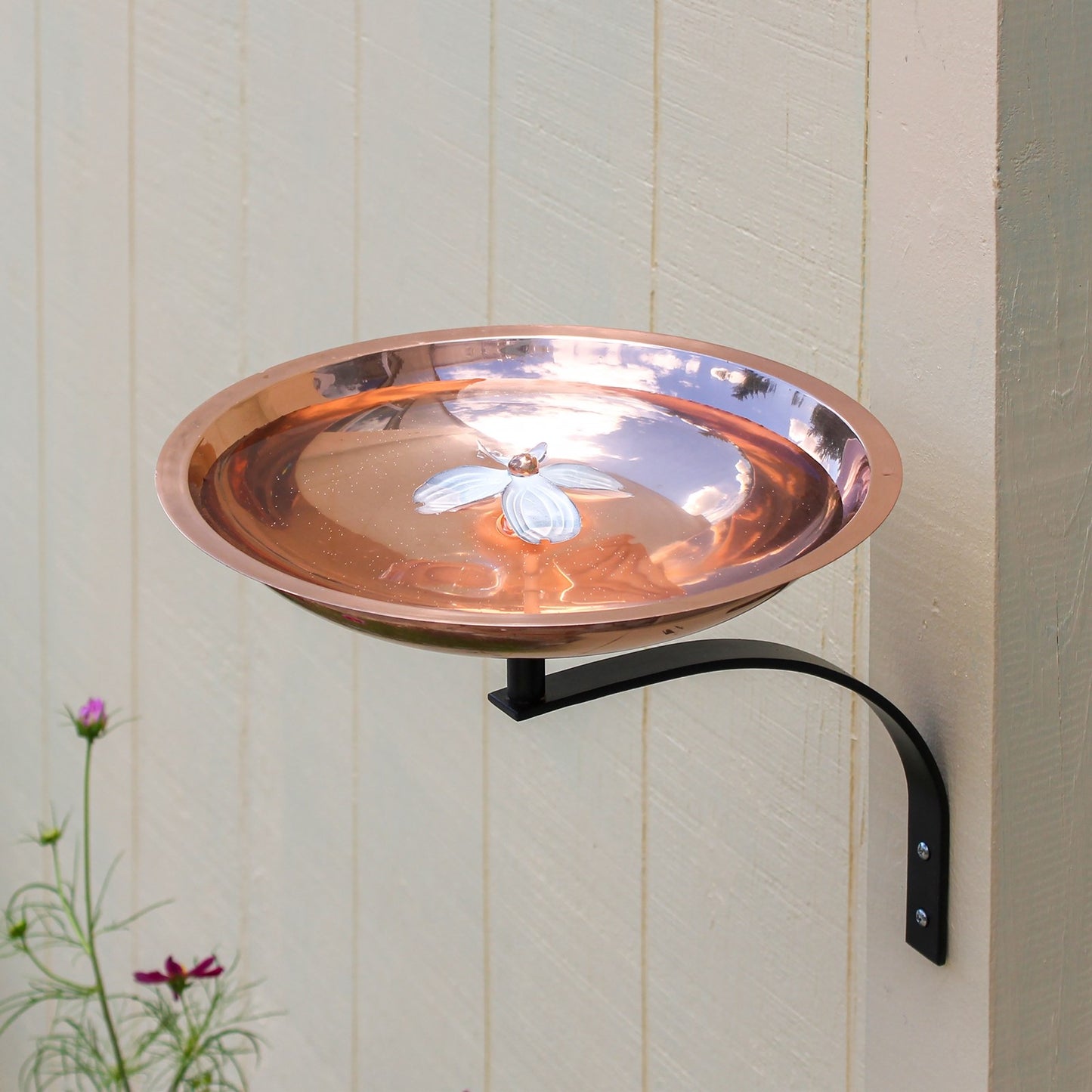 ACHLA Dogwood Birdbath with Wall Mount Bracket | Copper Plated Stainless Steel and Wrought Iron | Patio & Garden Pollinator Water | Model BB-08-WM