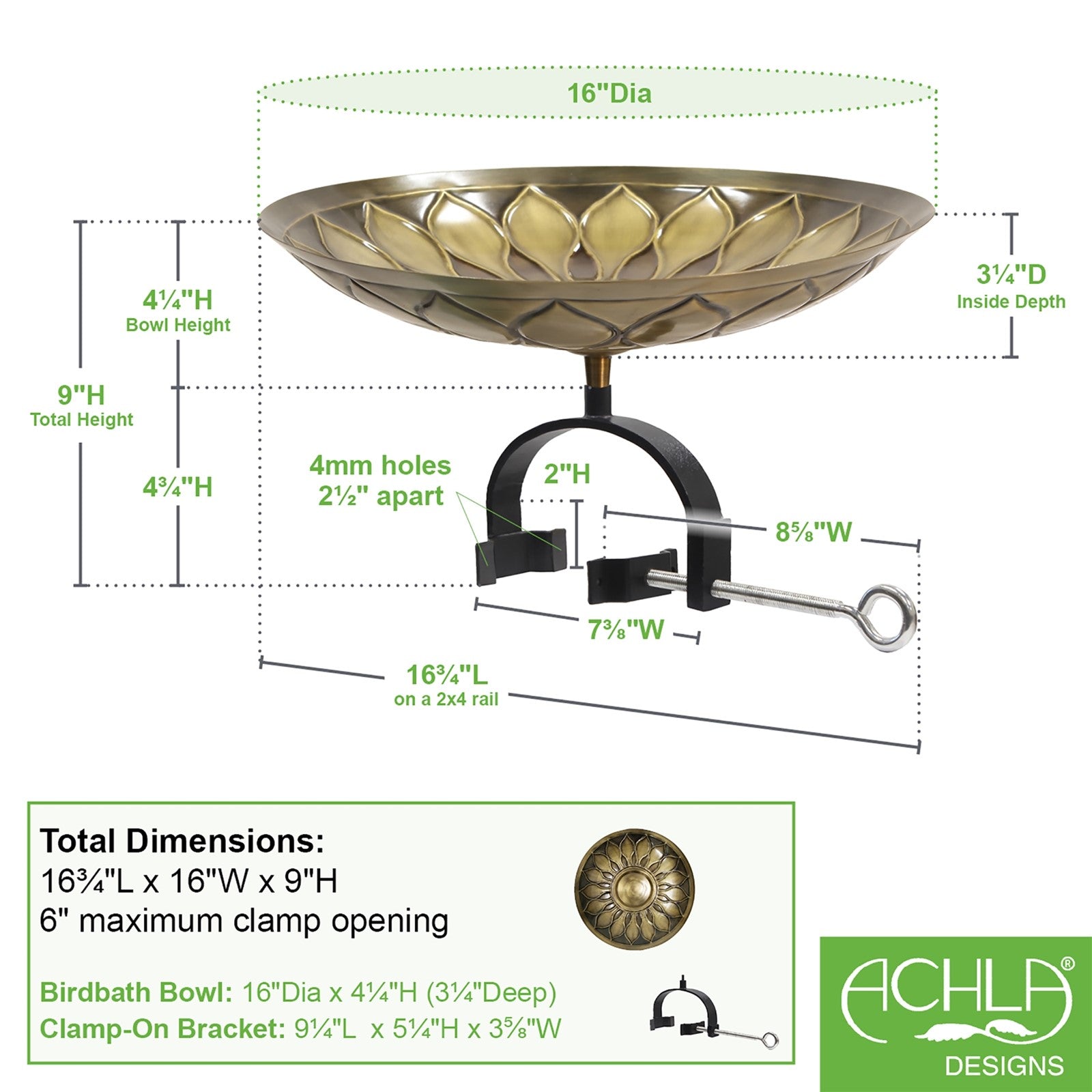 ACHLA African Daisy Birdbath Over Rail Bracket | Antique Brass & Wrought Iron | Deck & Balcony Bird Watching | 16.75 x 16 x 9 in | Model BB-09-OR2