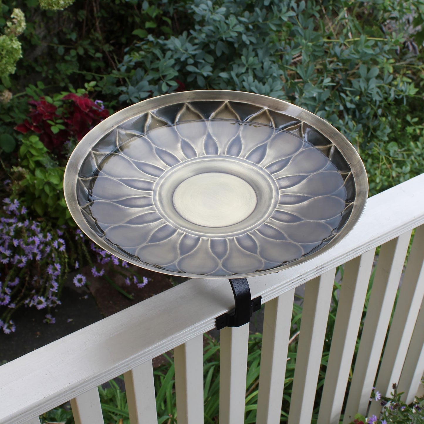 ACHLA African Daisy Birdbath Over Rail Bracket | Antique Brass & Wrought Iron | Deck & Balcony Bird Watching | 16.75 x 16 x 9 in | Model BB-09-OR2