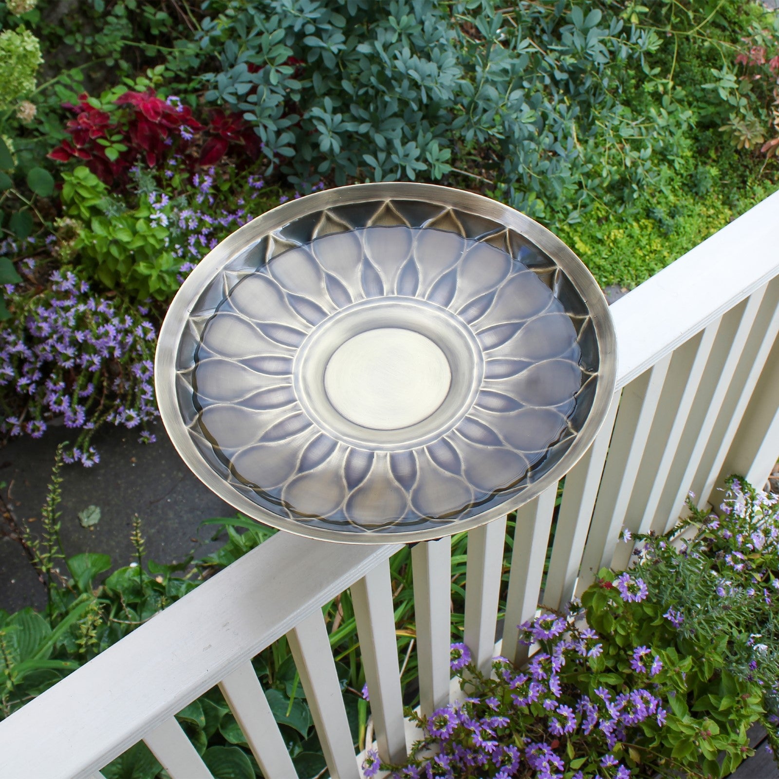 ACHLA African Daisy Birdbath Over Rail Bracket | Antique Brass & Wrought Iron | Deck & Balcony Bird Watching | 16.75 x 16 x 9 in | Model BB-09-OR2