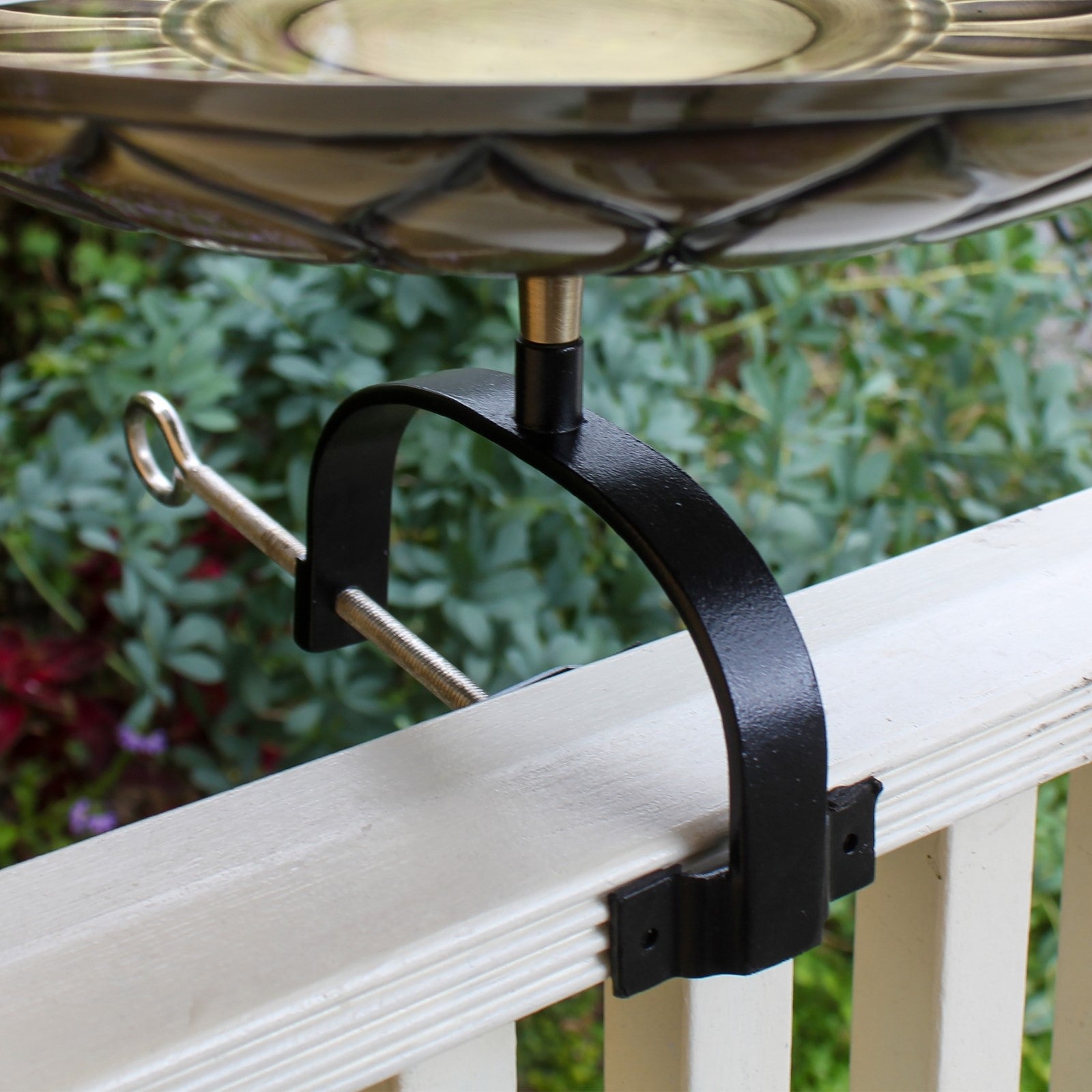 ACHLA African Daisy Birdbath Over Rail Bracket | Antique Brass & Wrought Iron | Deck & Balcony Bird Watching | 16.75 x 16 x 9 in | Model BB-09-OR2