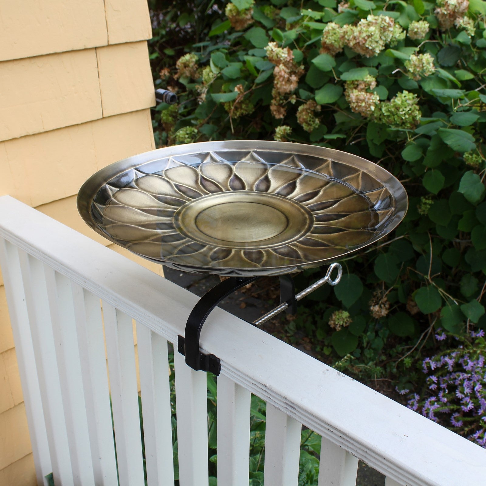 ACHLA African Daisy Birdbath Over Rail Bracket | Antique Brass & Wrought Iron | Deck & Balcony Bird Watching | 16.75 x 16 x 9 in | Model BB-09-OR2