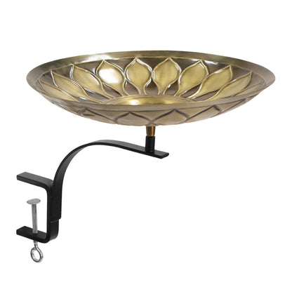 ACHLA African Daisy Birdbath with Rail Mount Bracket | Antique Brass and Black Wrought Iron | Deck & Balcony Bird Watching | Model BB-09-RM
