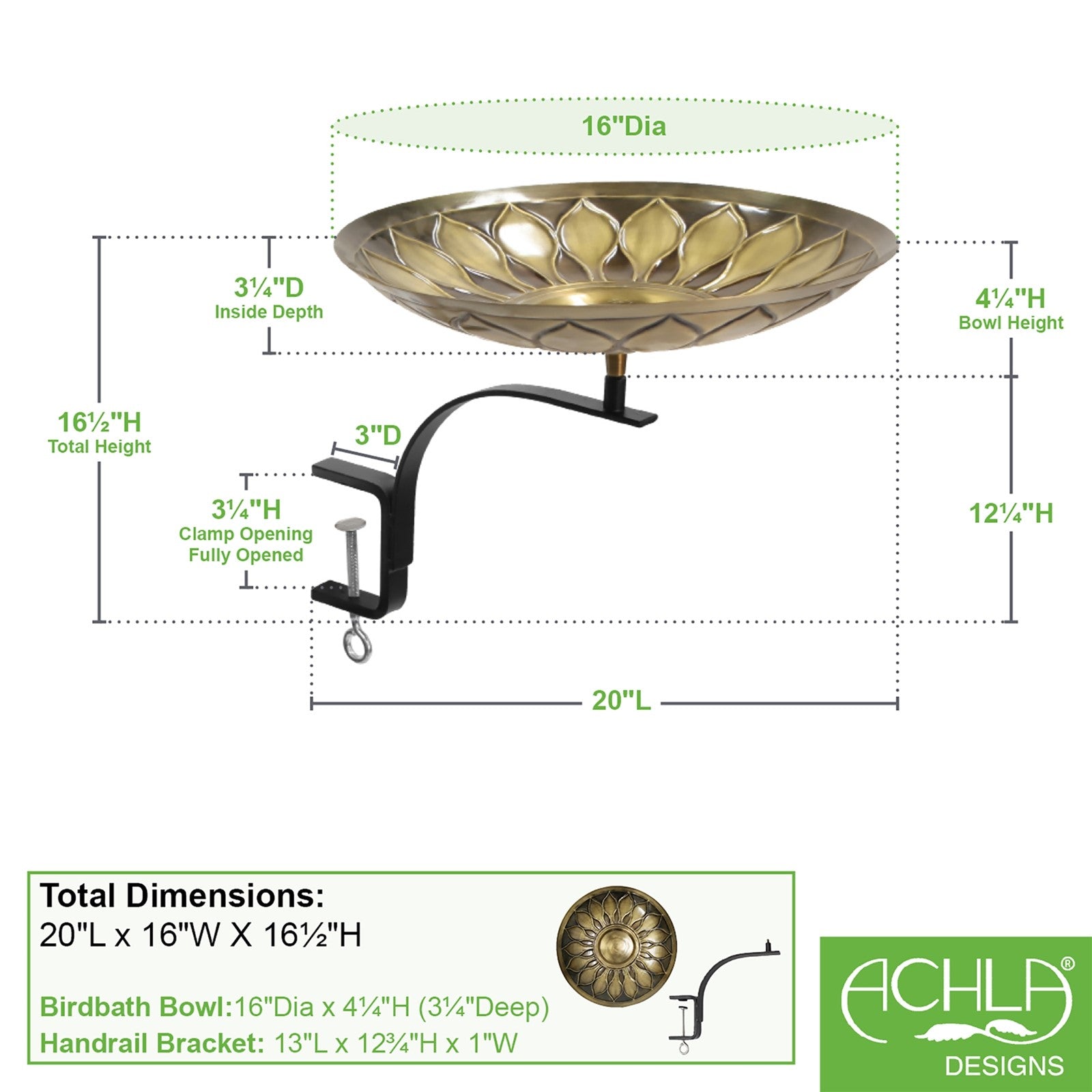 ACHLA African Daisy Birdbath with Rail Mount Bracket | Antique Brass and Black Wrought Iron | Deck & Balcony Bird Watching | Model BB-09-RM