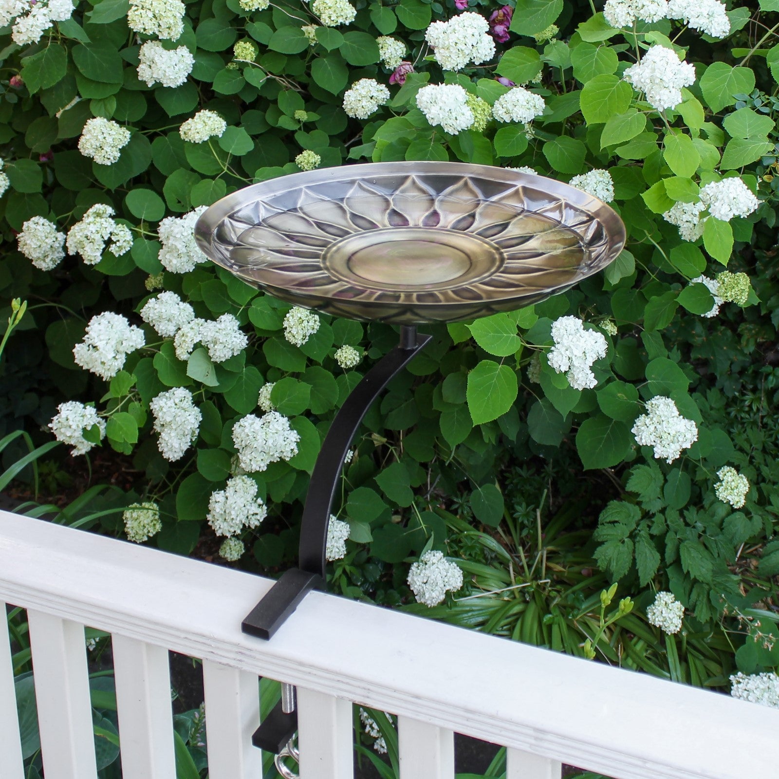 ACHLA African Daisy Birdbath with Rail Mount Bracket | Antique Brass and Black Wrought Iron | Deck & Balcony Bird Watching | Model BB-09-RM