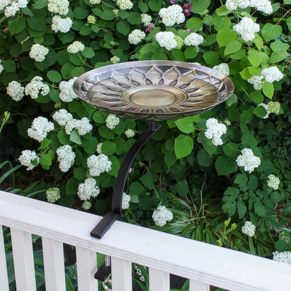ACHLA African Daisy Birdbath with Rail Mount Bracket | Antique Brass and Black Wrought Iron | Deck & Balcony Bird Watching | Model BB-09-RM