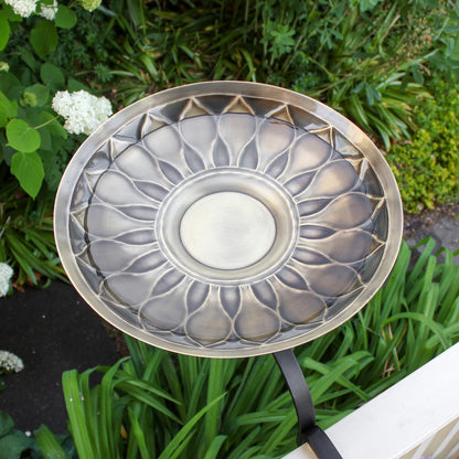 ACHLA African Daisy Birdbath with Rail Mount Bracket | Antique Brass and Black Wrought Iron | Deck & Balcony Bird Watching | Model BB-09-RM