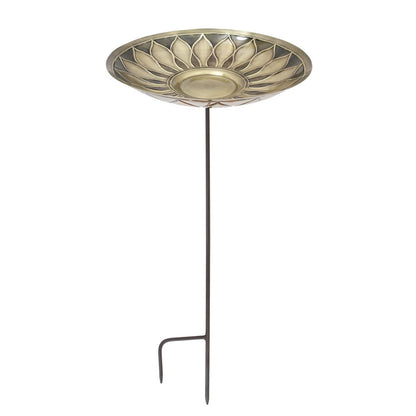 ACHLA African Daisy Birdbath with Stake | Antique Brass & Patina Brass Bowl on Wrought Iron | Garden & Patio Water Feature | Model BB-09-S