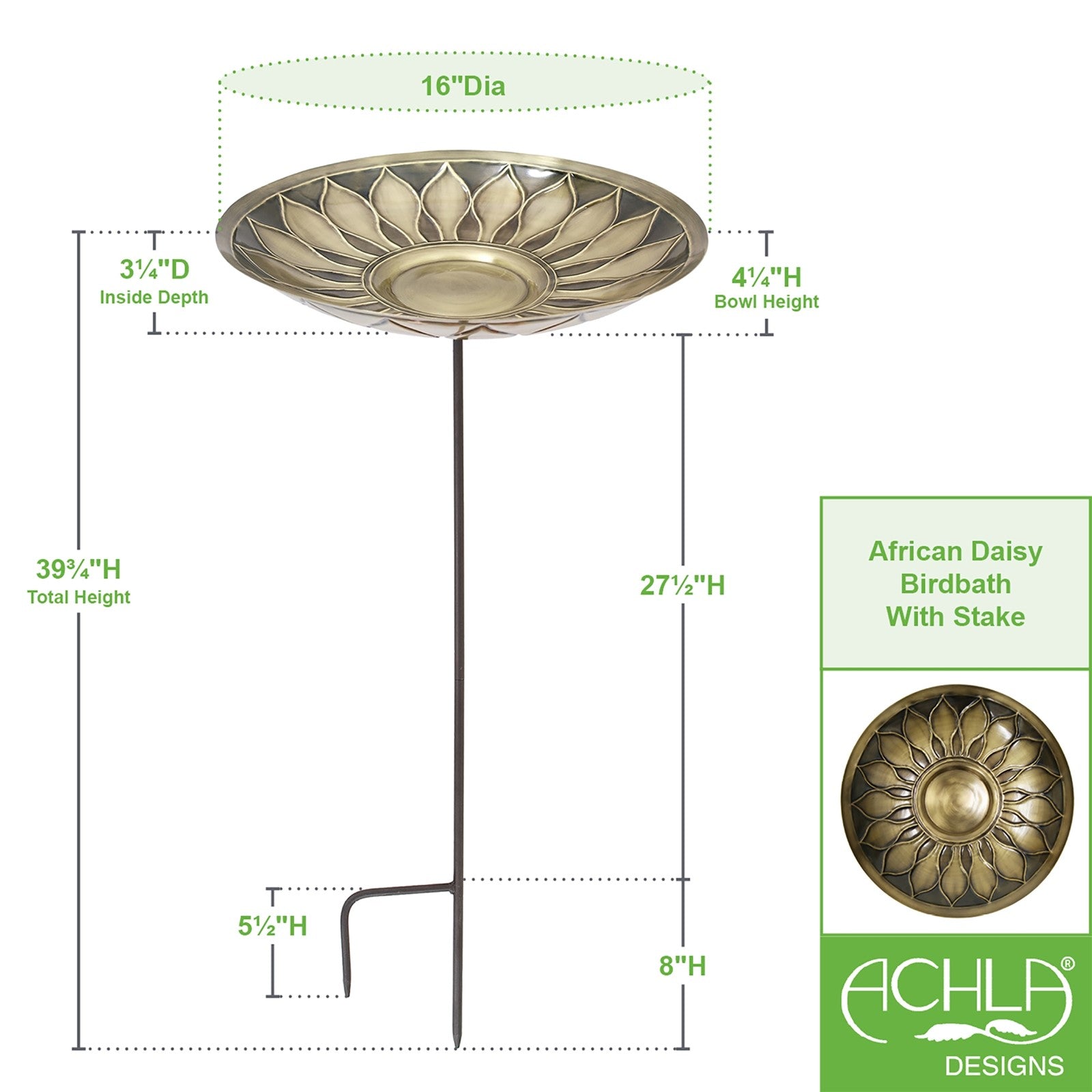 ACHLA African Daisy Birdbath with Stake | Antique Brass & Patina Brass Bowl on Wrought Iron | Garden & Patio Water Feature | Model BB-09-S