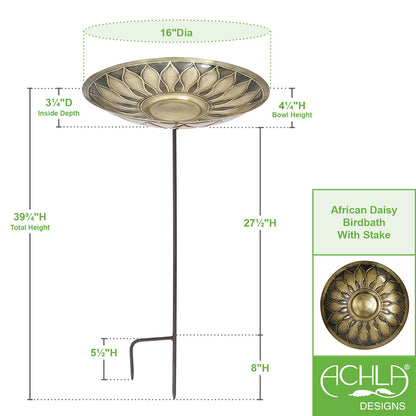 ACHLA African Daisy Birdbath with Stake | Antique Brass & Patina Brass Bowl on Wrought Iron | Garden & Patio Water Feature | Model BB-09-S