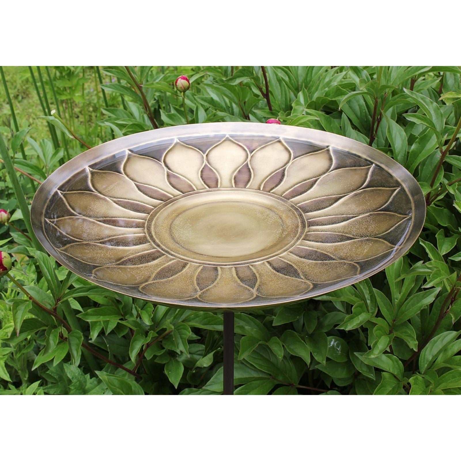 ACHLA African Daisy Birdbath with Stake | Antique Brass & Patina Brass Bowl on Wrought Iron | Garden & Patio Water Feature | Model BB-09-S